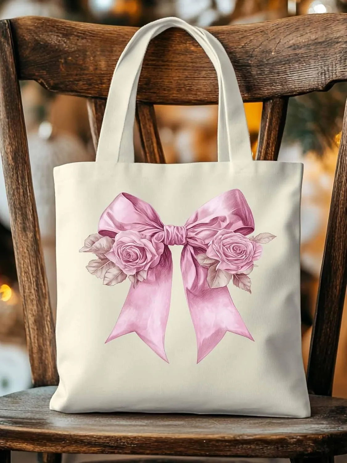 Canvas Tote Bag, Pink Valentine's Day Rose Floral Aesthetic Canvas Tote Handbags for Women Shoulder Bag