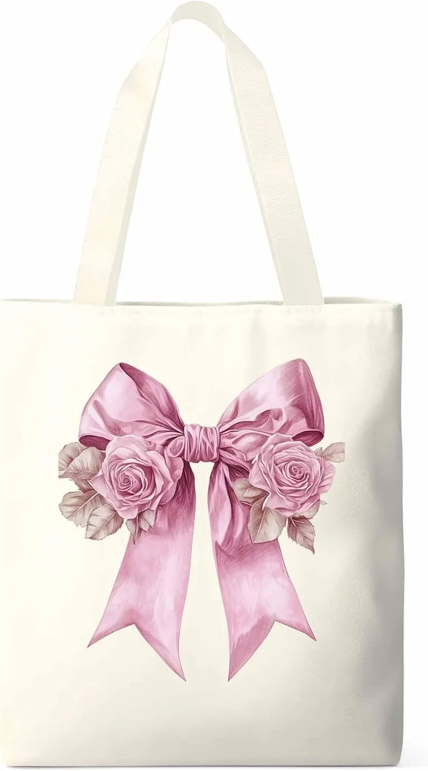 Canvas Tote Bag, Pink Valentine's Day Rose Floral Aesthetic Canvas Tote Handbags for Women Shoulder Bag