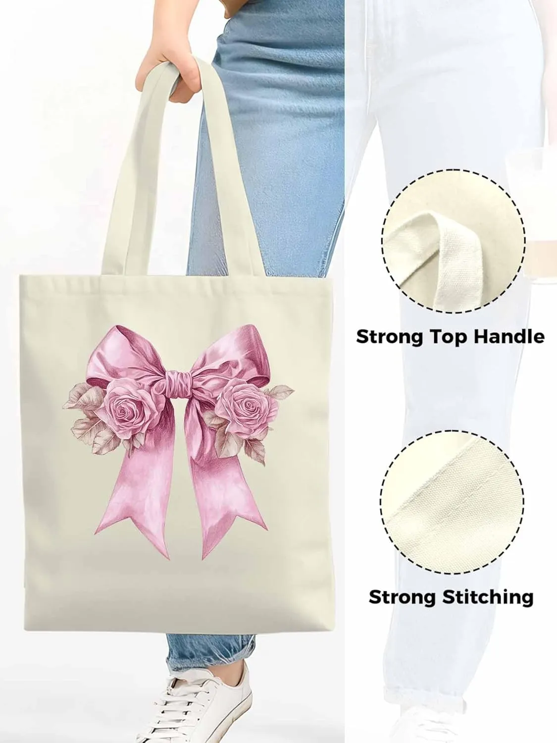 Canvas Tote Bag, Pink Valentine's Day Rose Floral Aesthetic Canvas Tote Handbags for Women Shoulder Bag