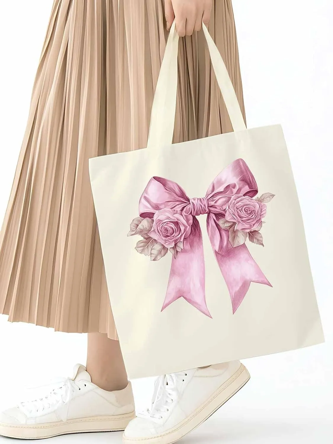 Canvas Tote Bag, Pink Valentine's Day Rose Floral Aesthetic Canvas Tote Handbags for Women Shoulder Bag