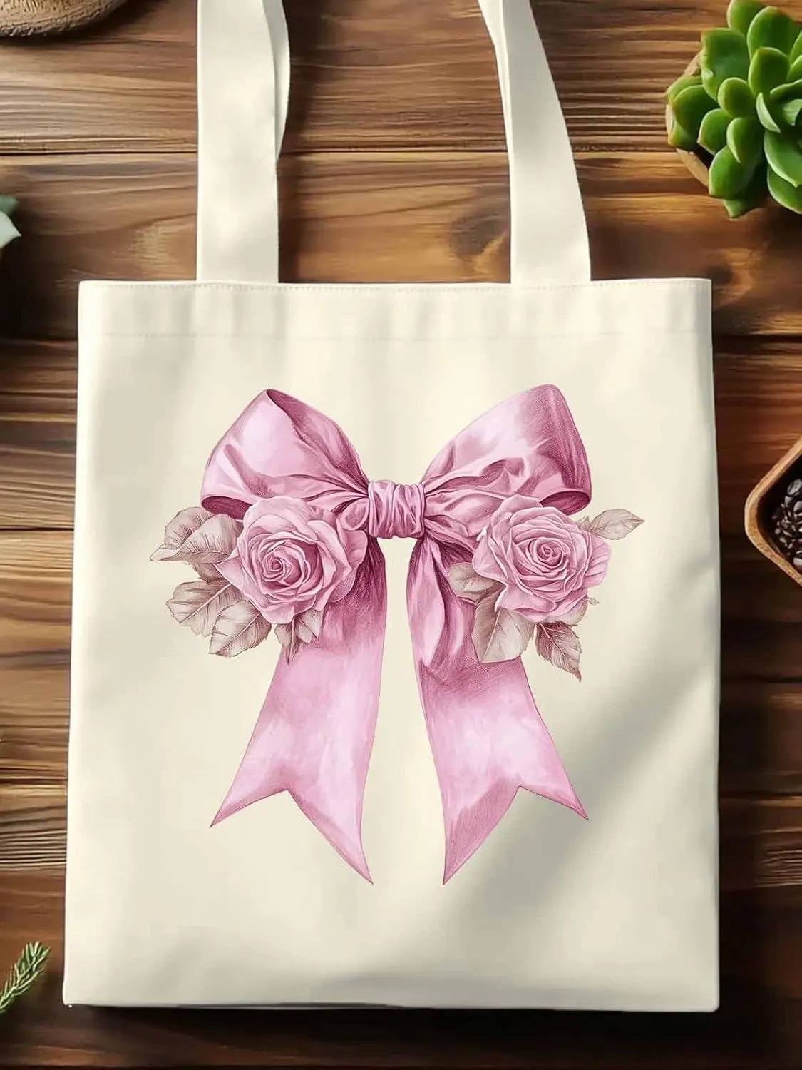 Canvas Tote Bag, Pink Valentine's Day Rose Floral Aesthetic Canvas Tote Handbags for Women Shoulder Bag