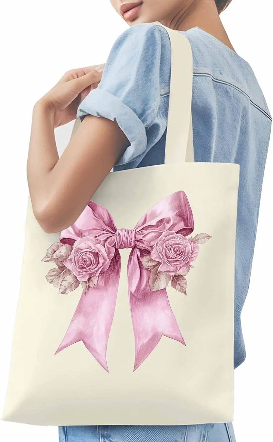 Canvas Tote Bag, Pink Valentine's Day Rose Floral Aesthetic Canvas Tote Handbags for Women Shoulder Bag