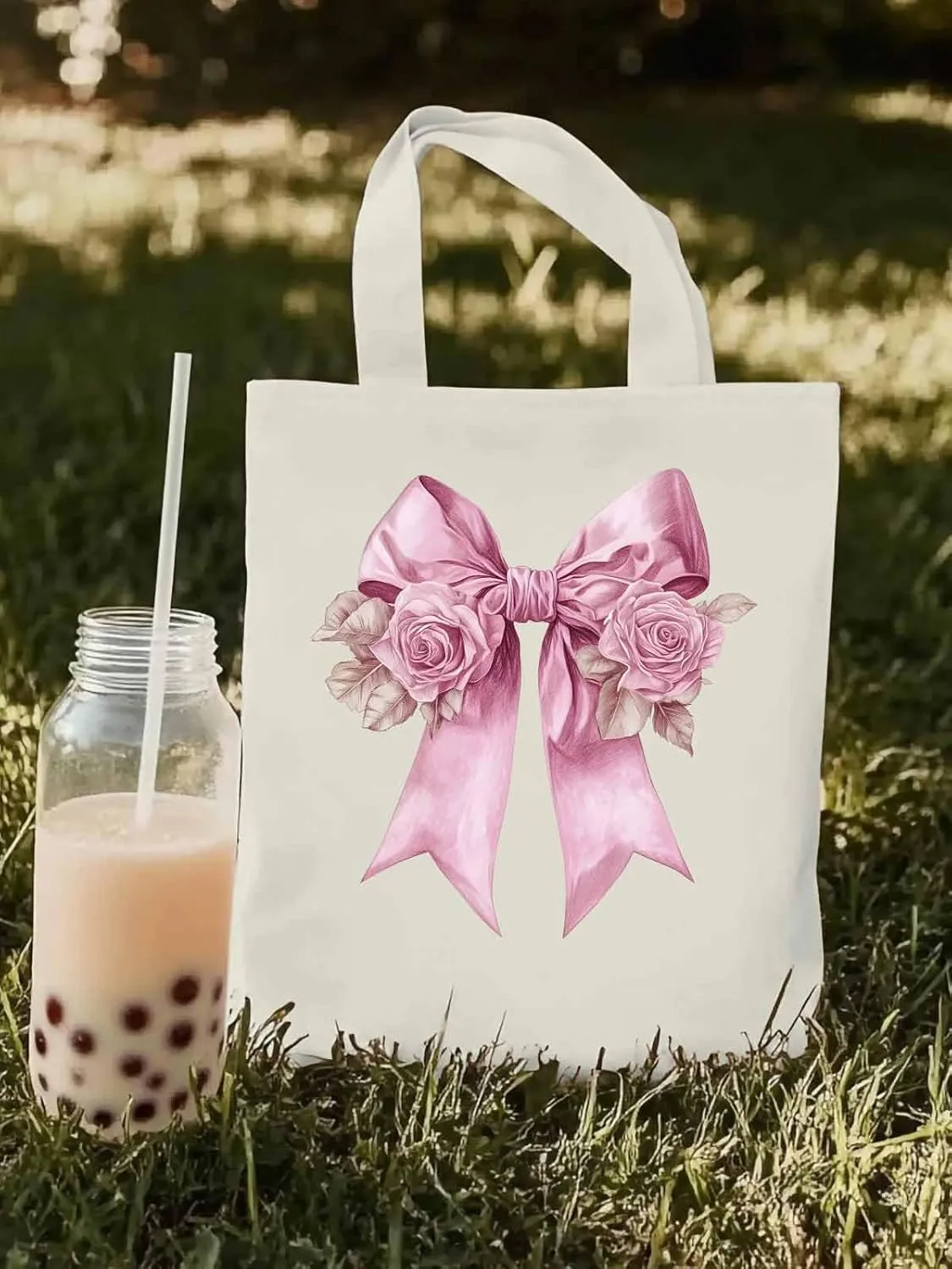 Canvas Tote Bag, Pink Valentine's Day Rose Floral Aesthetic Canvas Tote Handbags for Women Shoulder Bag