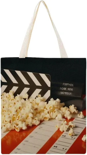 Canvas Tote Bag,Cinema Clapboard And Popcorn Reusable Grocery Bags,canvas Handbags,canvas Aesthetic Tote Bag for Shopping Travel