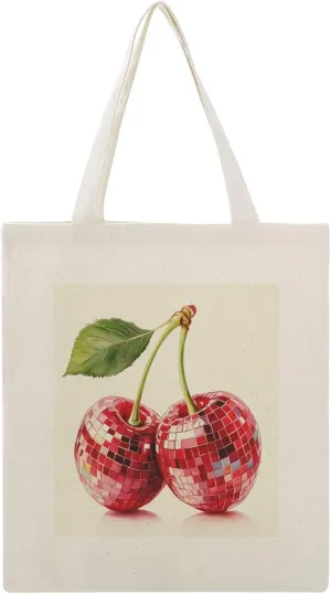 Canvas Tote Bag,Disco Ball Cherries with Mosaic Tiles Handbags for Women Shoulder Bag