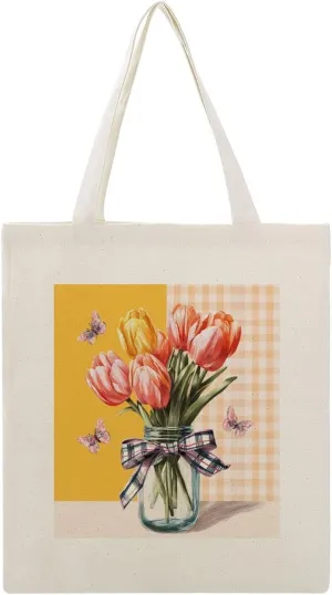 Canvas Tote Bag,Jar with Plaid Ribbon Daisies Butterfly Handbags for Women Shoulder Bag
