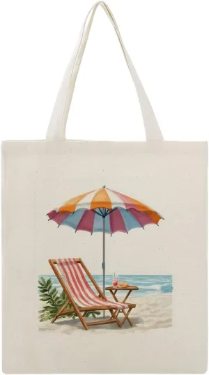 Canvas Tote Bag,Simple Beach Umbrella And Lounge Chair Handbags for Women Shoulder Bag