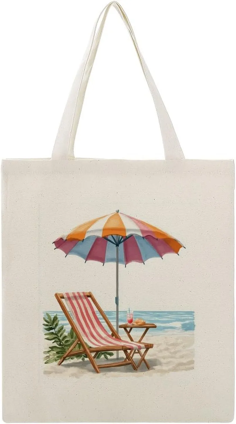Canvas Tote Bag,Simple Beach Umbrella And Lounge Chair Handbags for Women Shoulder Bag