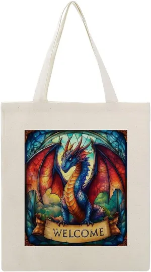 Canvas Tote Bag,Stained Glass Blue Dragon WELCOME Fantasy Art Handbags for Women Shoulder Bag