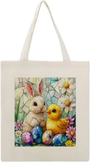 Canvas Tote Bag,Stained Glass Bunny And Yellow Chick Handbags for Women Shoulder Bag