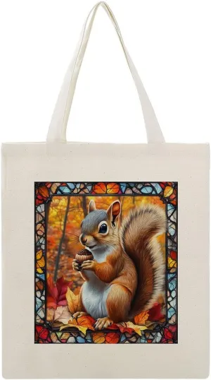 Canvas Tote Bag,Stained Glass Squirrel Holding Acorn Handbags for Women Shoulder Bag