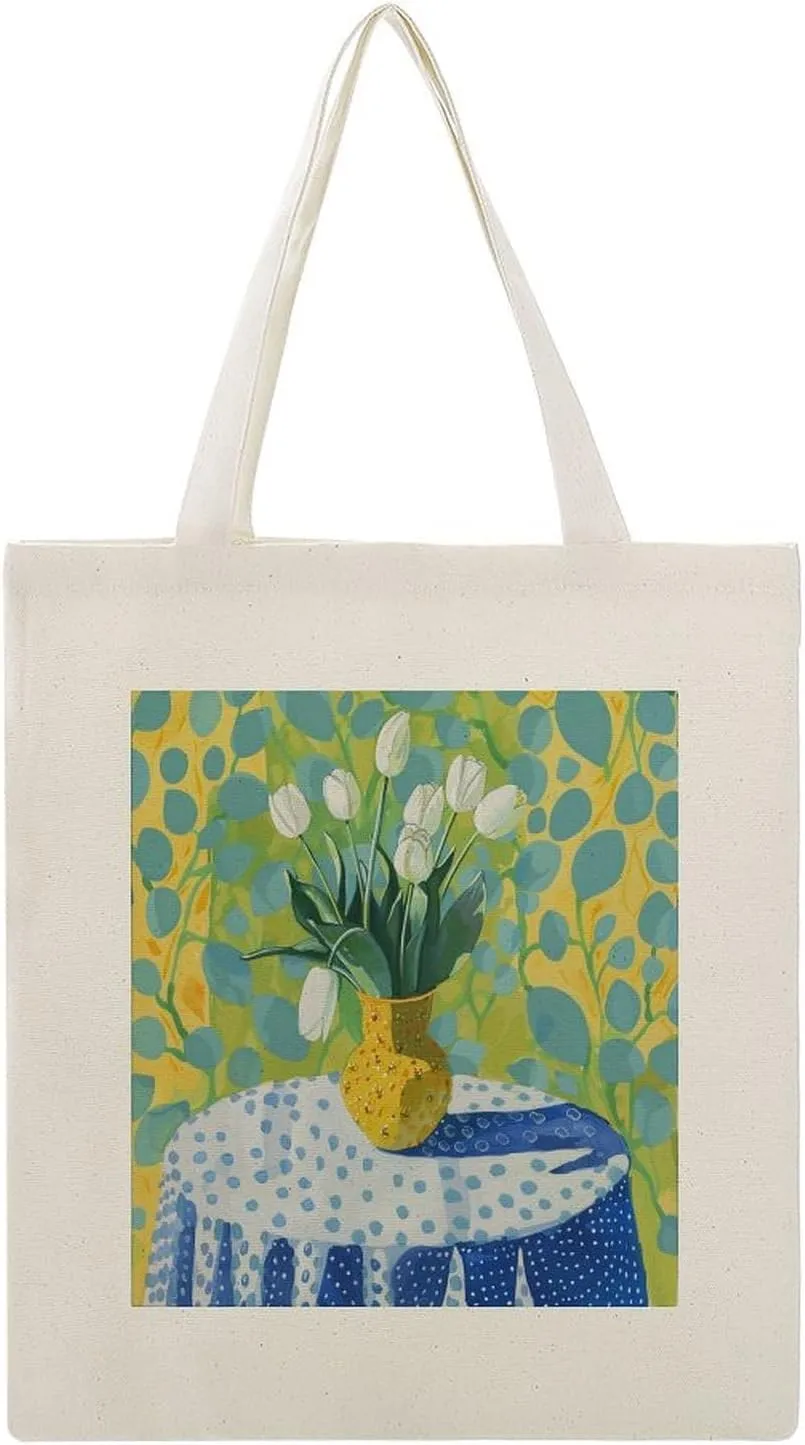 Canvas Tote Bag,Watercolor Yellow Vase with White Tulips Handbags for Women Shoulder Bag