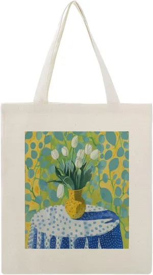 Canvas Tote Bag,Watercolor Yellow Vase with White Tulips Handbags for Women Shoulder Bag