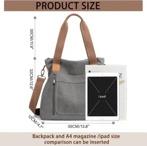 Canvas Tote Purse for Women Work Shoulder Crossbody Bag Vintage Multi-pocket Handbags