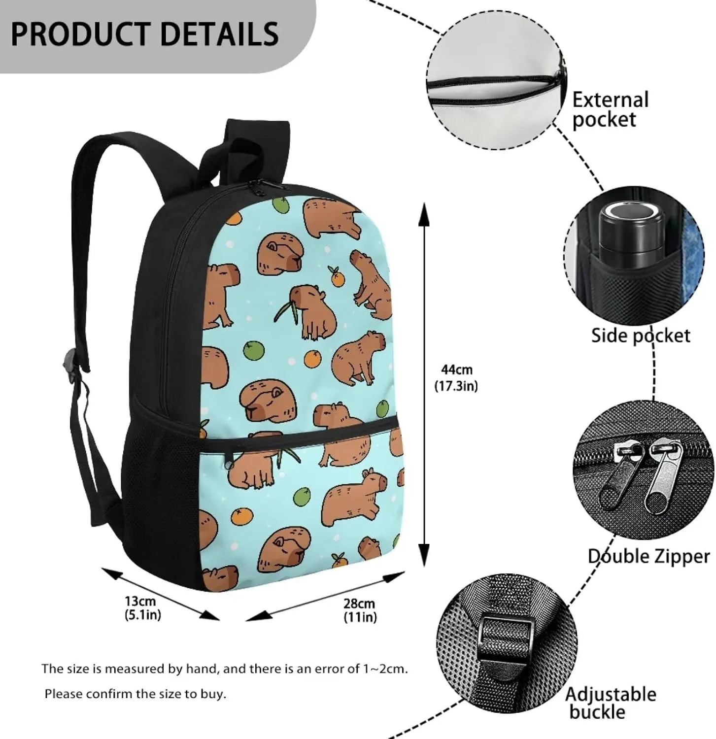 Capybara Backpack for School Girls 2nd Grade School Bags 9-10 Kids Cute Bookbag 17 Inch Animal Book Bags Large Travel Shoulder Bag Camping Backpacks Casual Daypack for Elementary School