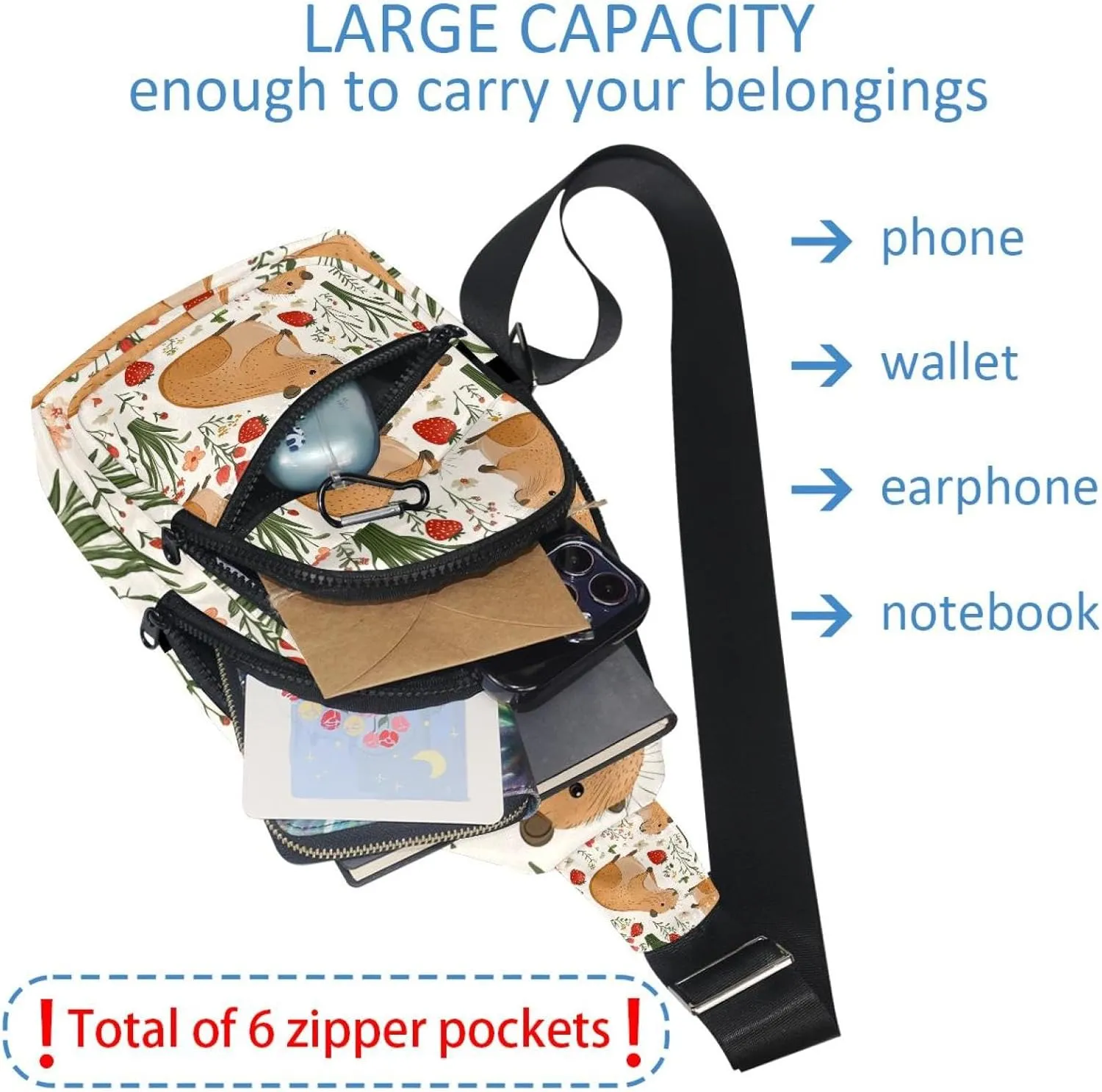 Capybara Floral (10) Crossbody Bag with Adjustable Shoulder Strap, Shoulder Bag for Men and Women Sling Backpack for Travel, Cycling, Work, Sport