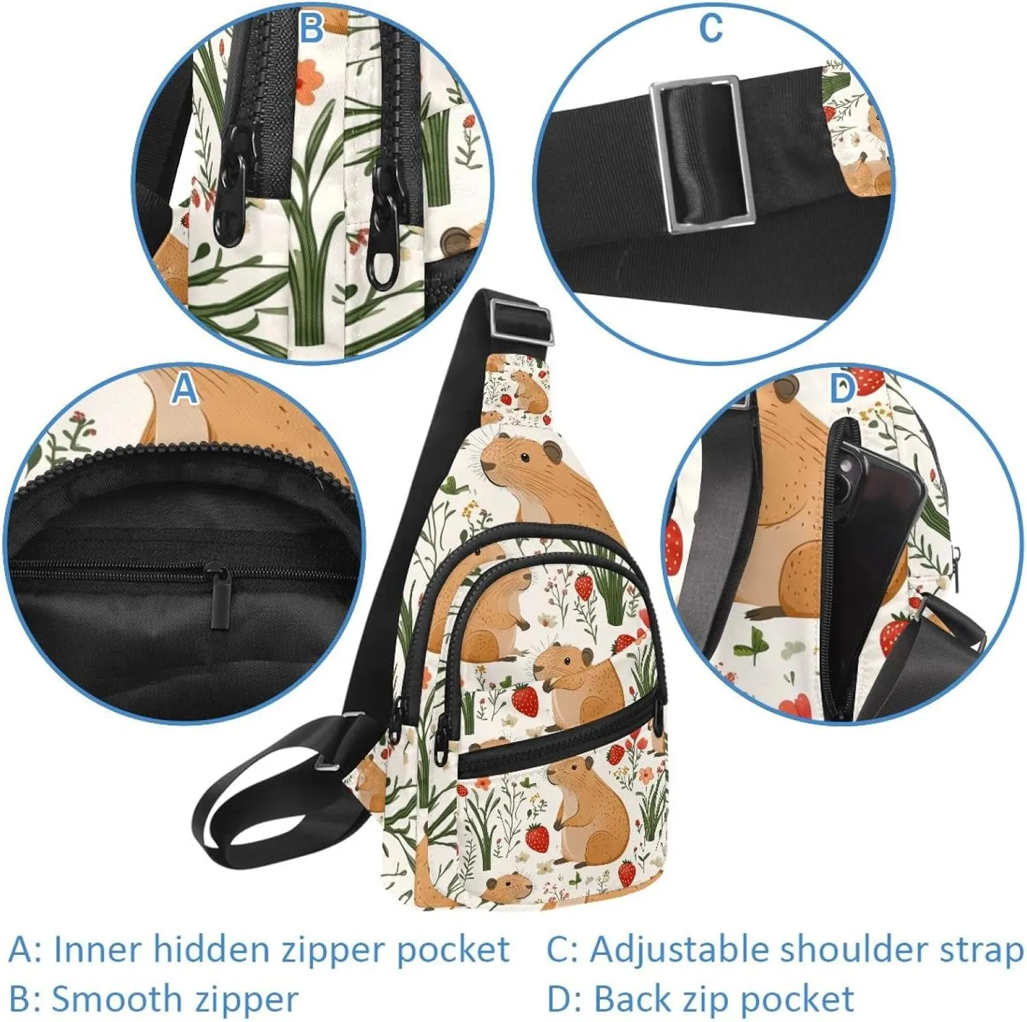 Capybara Floral (10) Crossbody Bag with Adjustable Shoulder Strap, Shoulder Bag for Men and Women Sling Backpack for Travel, Cycling, Work, Sport