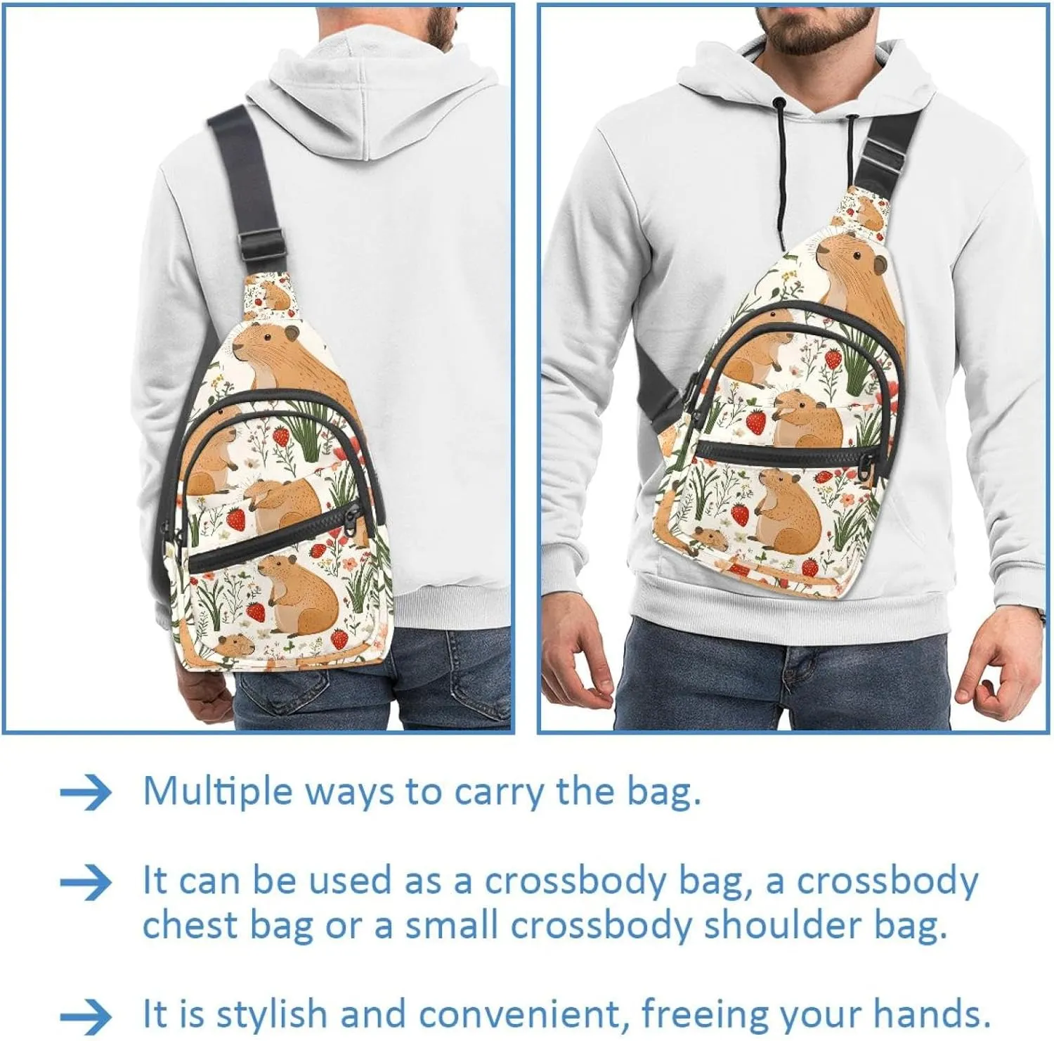 Capybara Floral (10) Crossbody Bag with Adjustable Shoulder Strap, Shoulder Bag for Men and Women Sling Backpack for Travel, Cycling, Work, Sport