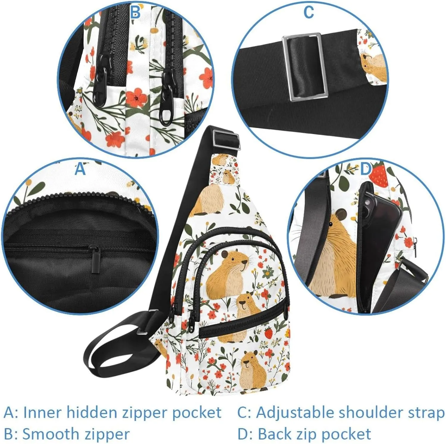 Capybara Floral (12) Sling Side, Crossbody Backpack