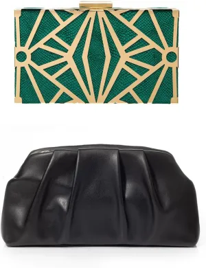 CARIEDO Green Hollow Metal Pattern Evening Clutch Bag &Black PU Leather Shoulder Bag Formal -Detachable Strap Handbag Suitable for Wedding/Prom/Black Tie Events