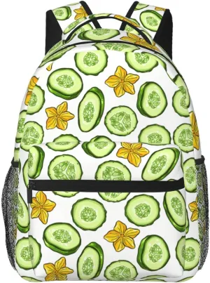 Cartoon Cucumber and Flower Pattern Backpack for Women Men Worker Teacher Business Travel Backpacks Shoulders Bag Daypack Bookbag with Mesh Pockets