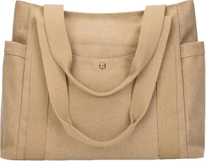 Casual Canvas Tote Bag Multiple Pockets Shoulder Bag Large Capacity Handbags Travel Beach Work Daily Essentials Purse