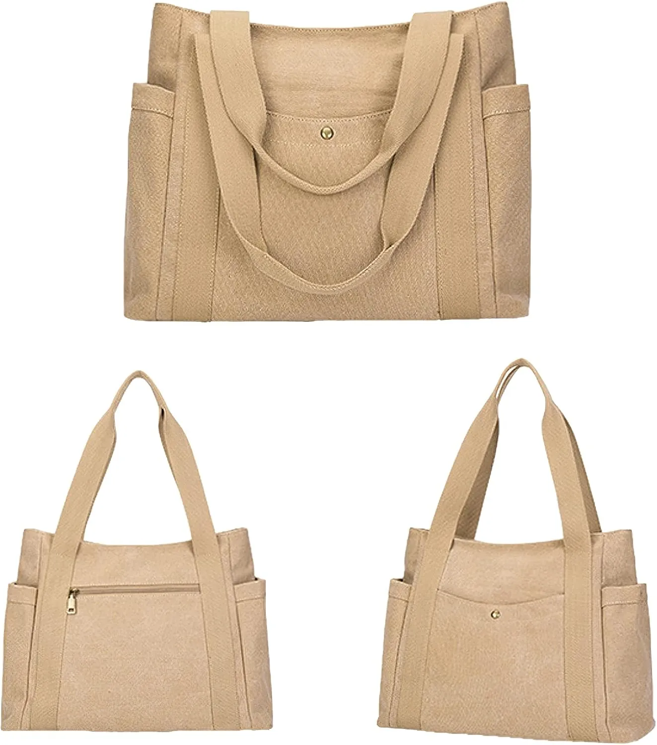 Casual Canvas Tote Bag Multiple Pockets Shoulder Bag Large Capacity Handbags Travel Beach Work Daily Essentials Purse