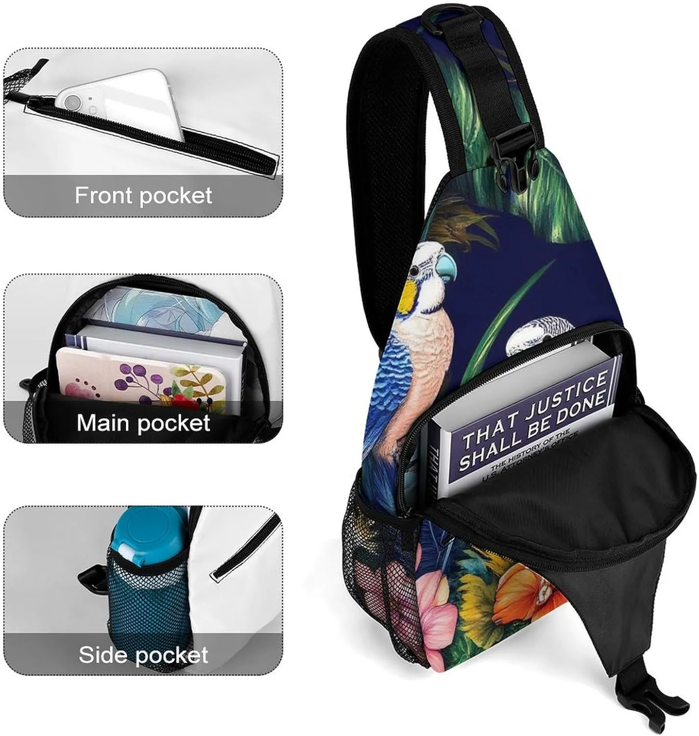 Casual Crossbody Bag for Women, Large Capacity Sling Backpack Tropical Birds Flowers Floral Sport Shoulder Chest Bag Daypack for Gym Hiking