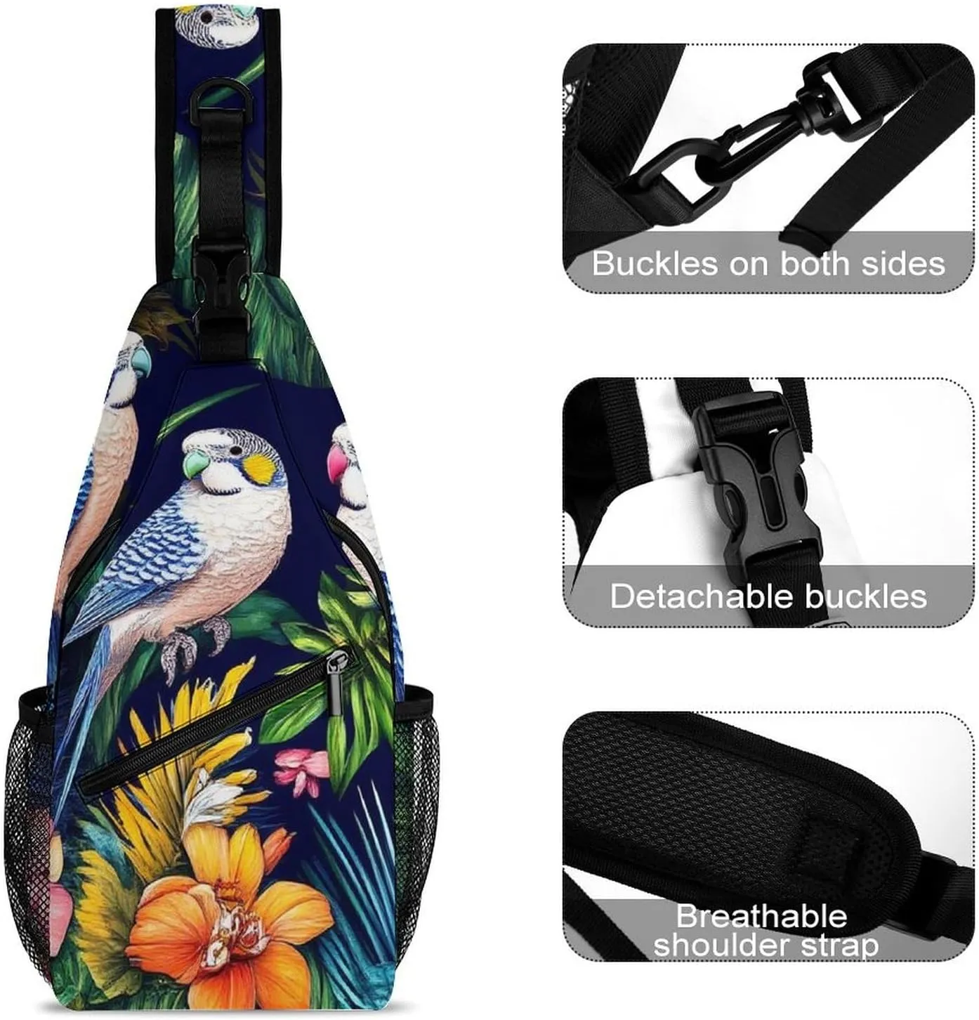Casual Crossbody Bag for Women, Large Capacity Sling Backpack Tropical Birds Flowers Floral Sport Shoulder Chest Bag Daypack for Gym Hiking