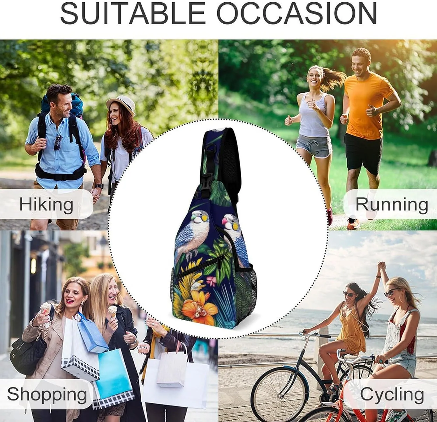 Casual Crossbody Bag for Women, Large Capacity Sling Backpack Tropical Birds Flowers Floral Sport Shoulder Chest Bag Daypack for Gym Hiking