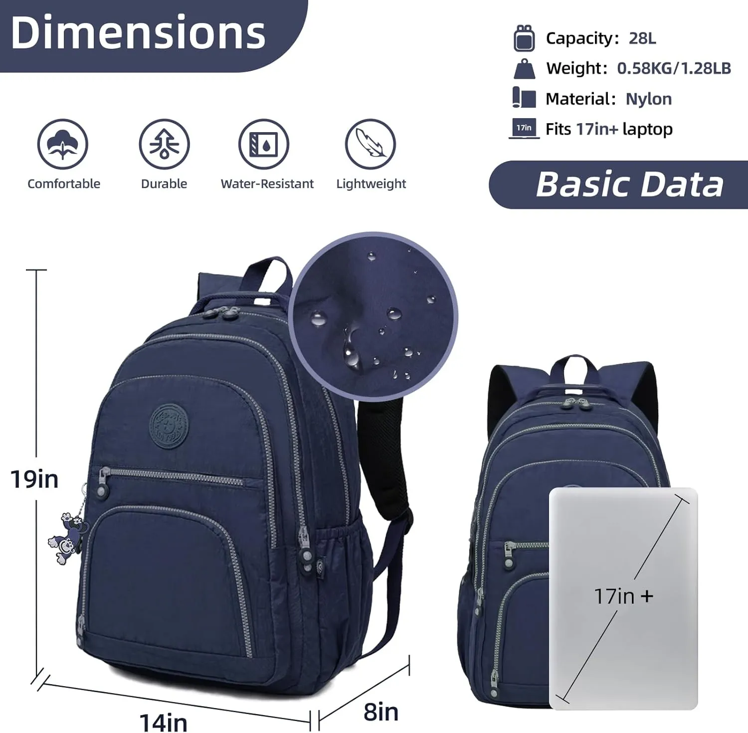 Casual Lightweight Travel Laptop Backpacks Water Resistant Large Nylon Backpack for Men Women Hiking Camping Cycling Packback Daypack, Fits 15.6 Inch Laptop and Notebook - Navy Blue