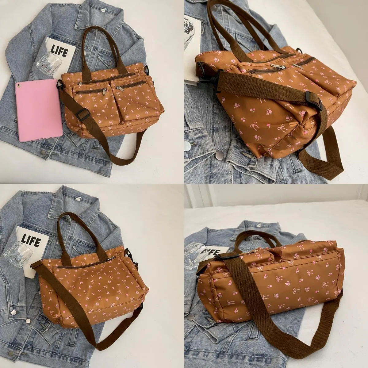 Casual Messenger Bag Floral Nylon Crossbody Bag Chic Shoulder Bag Travel Daypacks