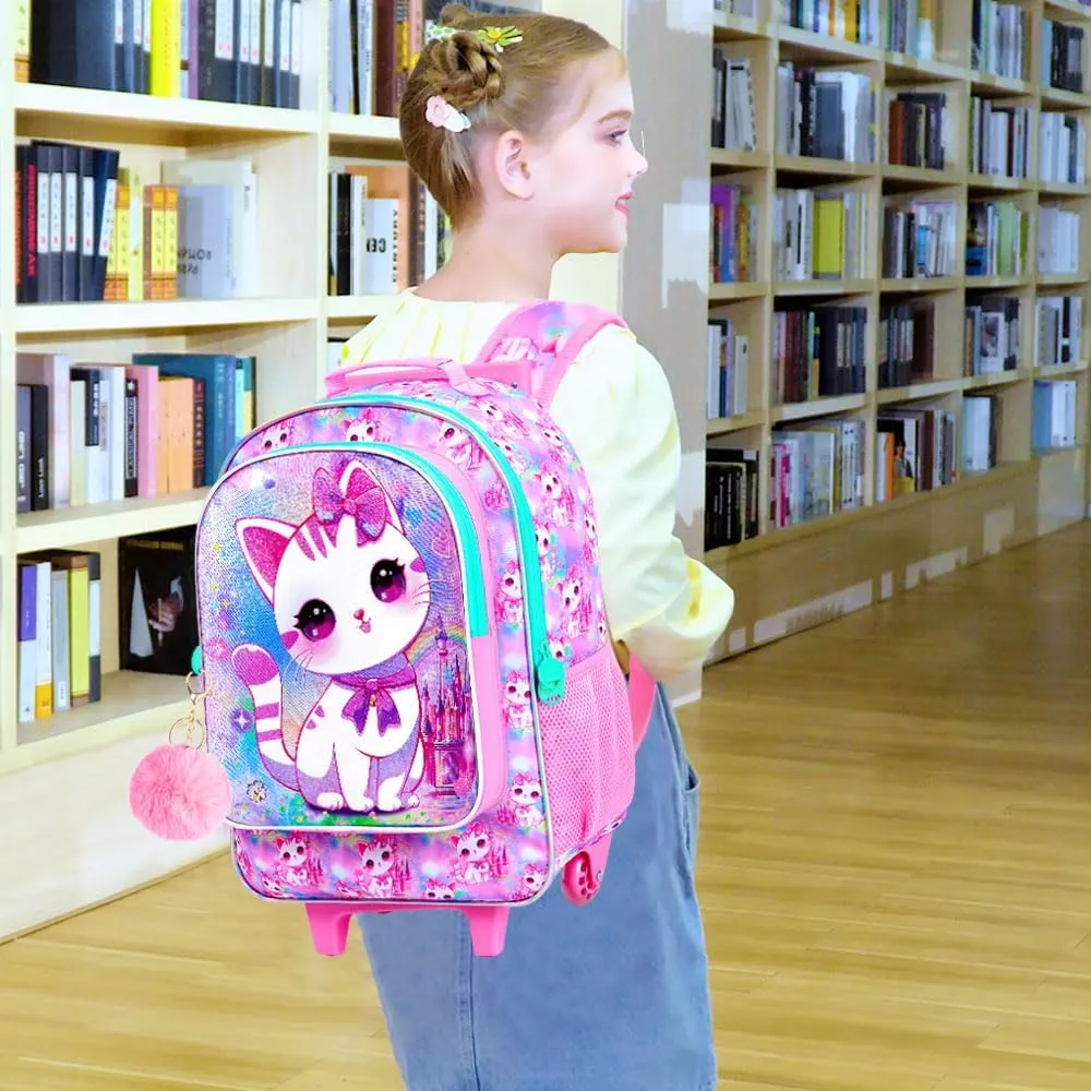CCJPX 4PCS Rolling Backpack for Girls,Kids Cat Backpacks with Roller Wheels, Wheeled Bookbag with Lunch Box for Toddler Elementary School