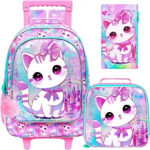 CCJPX 4PCS Rolling Backpack for Girls,Kids Cat Backpacks with Roller Wheels, Wheeled Bookbag with Lunch Box for Toddler Elementary School