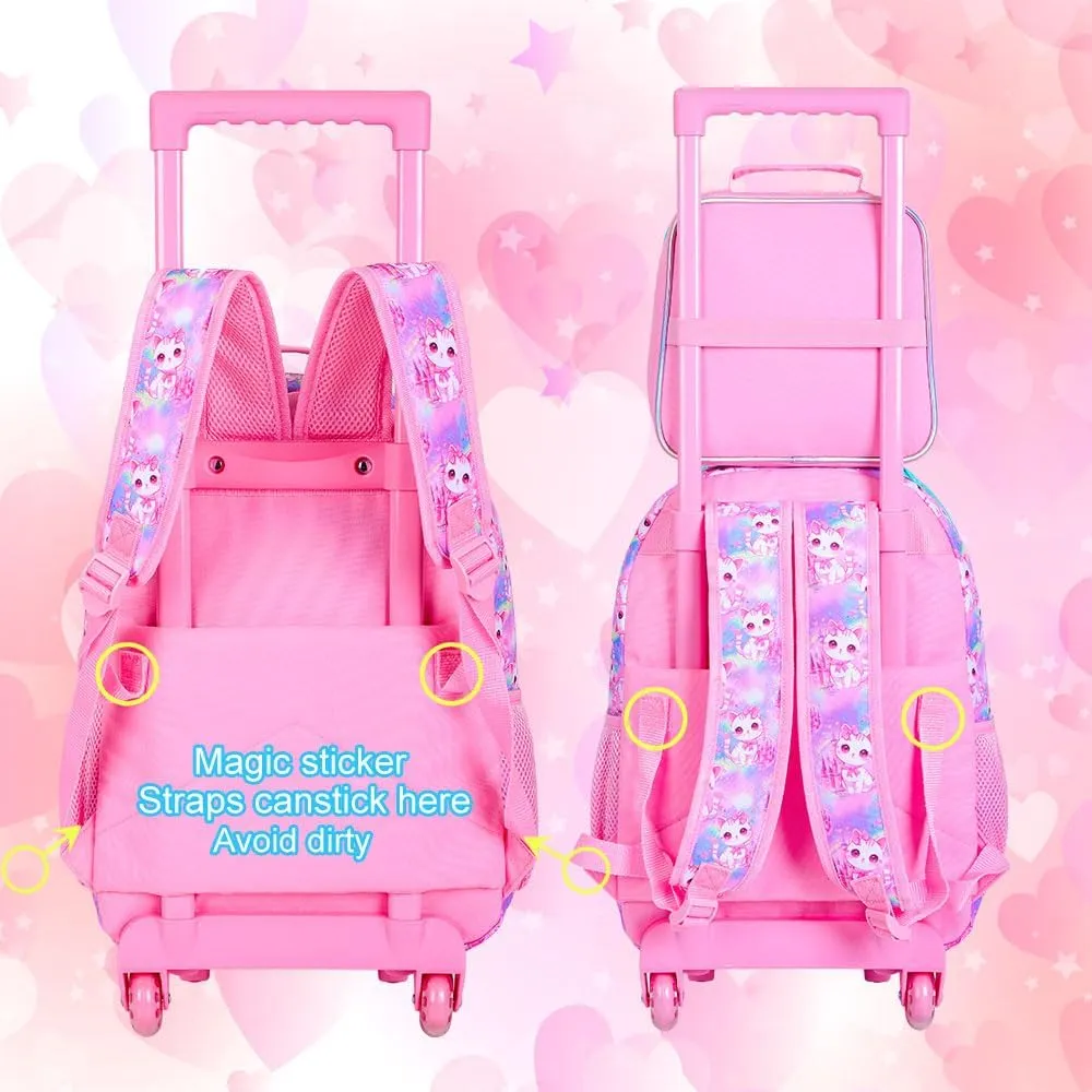 CCJPX 4PCS Rolling Backpack for Girls,Kids Cat Backpacks with Roller Wheels, Wheeled Bookbag with Lunch Box for Toddler Elementary School