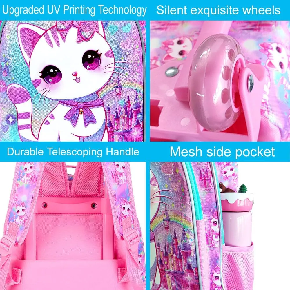 CCJPX 4PCS Rolling Backpack for Girls,Kids Cat Backpacks with Roller Wheels, Wheeled Bookbag with Lunch Box for Toddler Elementary School