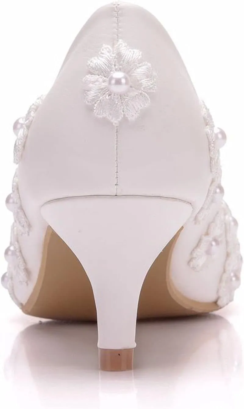 ChaiRong Zhou Women Classy Wedding Pumps, Pointy Toe Lace Flower Mid Heel Stilettos Slip on Dress Bridal Shoes