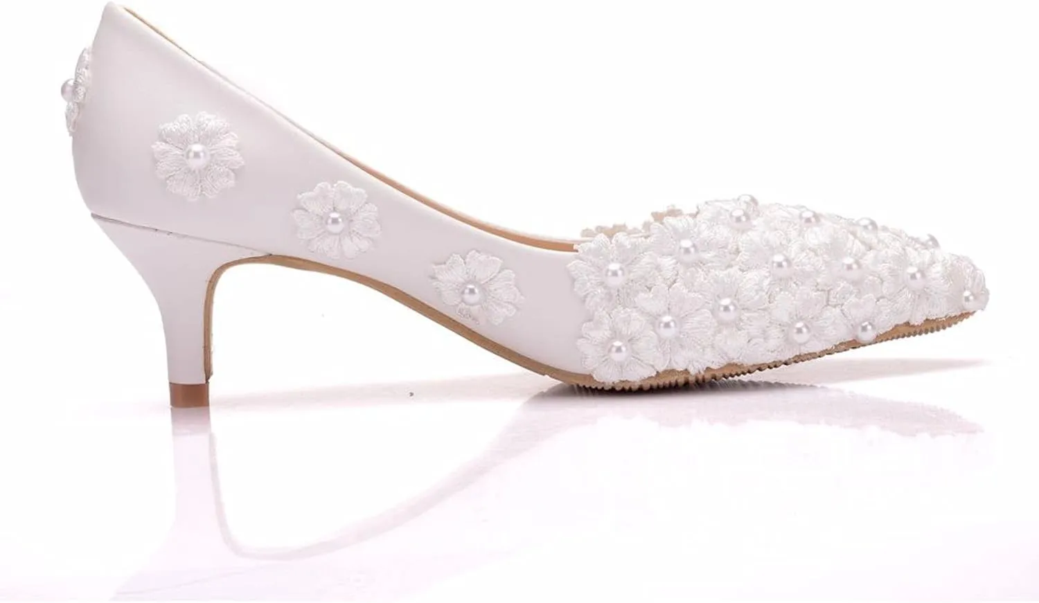ChaiRong Zhou Women Classy Wedding Pumps, Pointy Toe Lace Flower Mid Heel Stilettos Slip on Dress Bridal Shoes