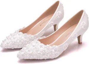 ChaiRong Zhou Women Classy Wedding Pumps, Pointy Toe Lace Flower Mid Heel Stilettos Slip on Dress Bridal Shoes