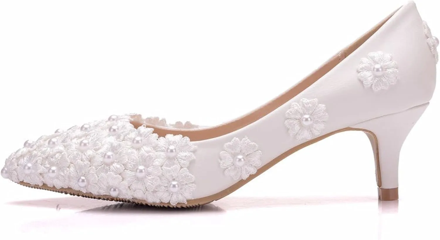 ChaiRong Zhou Women Classy Wedding Pumps, Pointy Toe Lace Flower Mid Heel Stilettos Slip on Dress Bridal Shoes