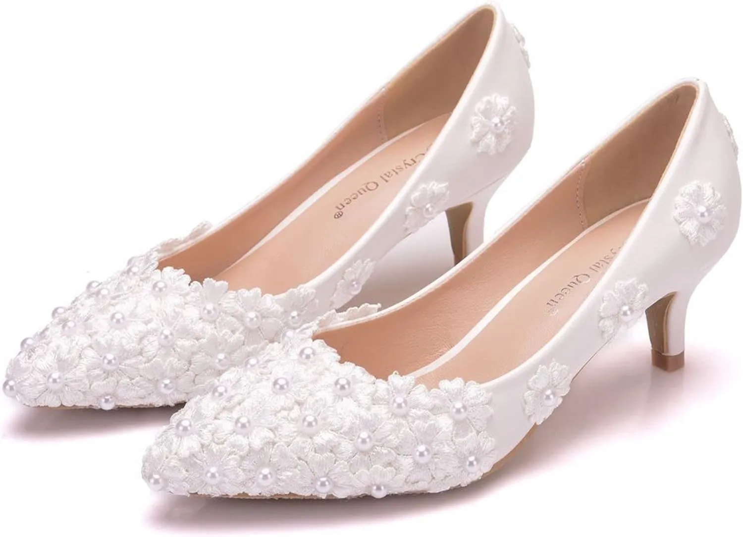 ChaiRong Zhou Women Classy Wedding Pumps, Pointy Toe Lace Flower Mid Heel Stilettos Slip on Dress Bridal Shoes