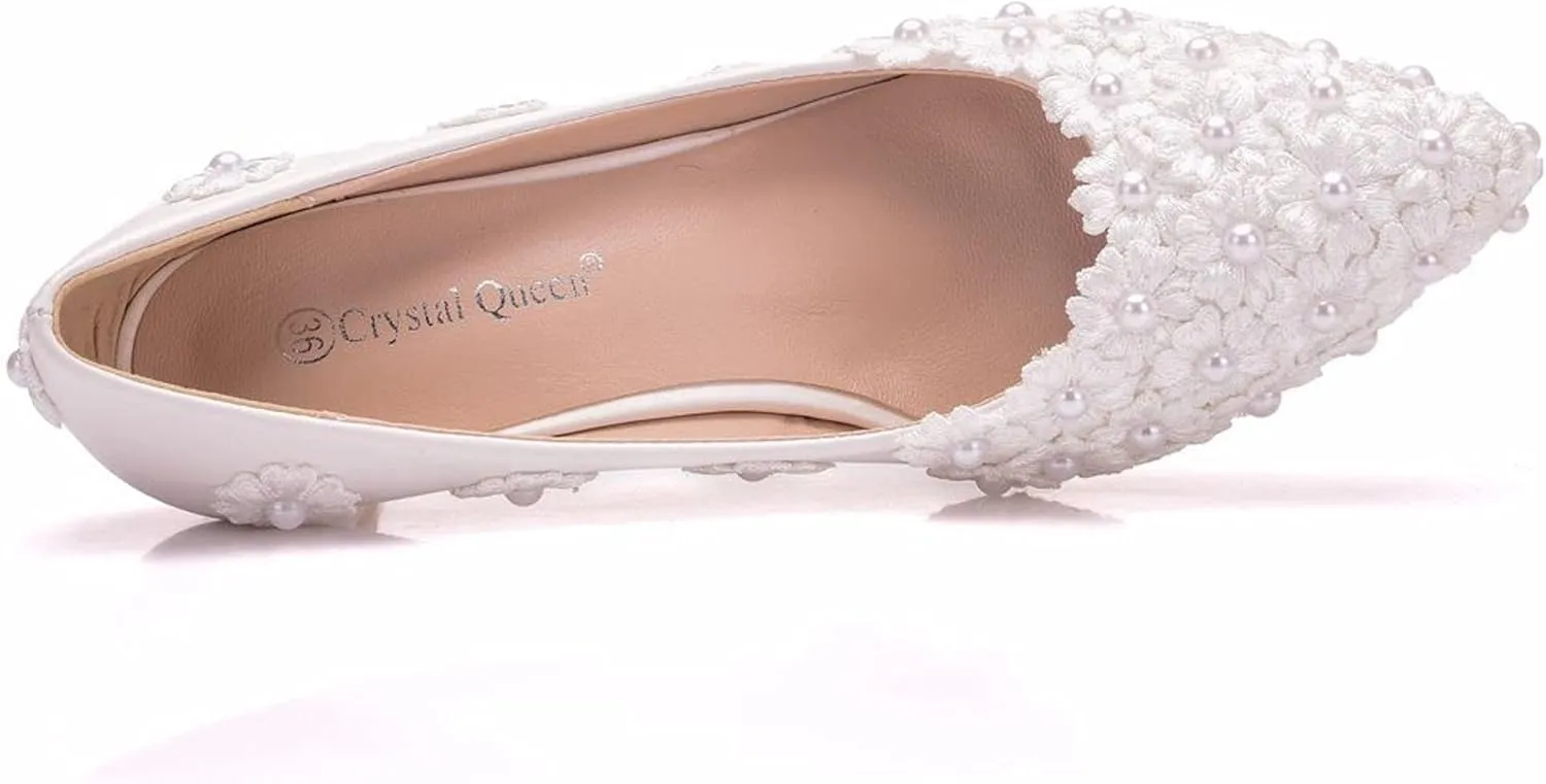 ChaiRong Zhou Women Classy Wedding Pumps, Pointy Toe Lace Flower Mid Heel Stilettos Slip on Dress Bridal Shoes