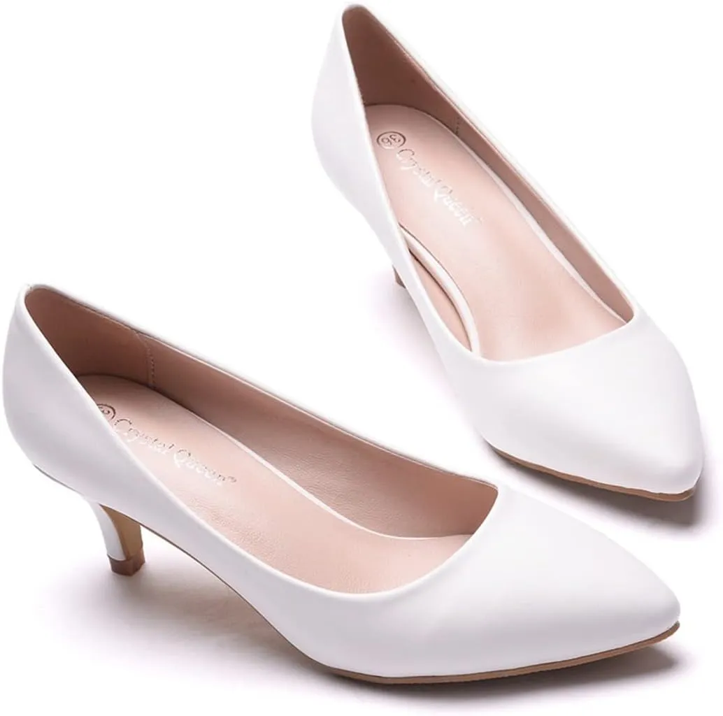 ChaiRong Zhou Women Classy Wedding Pumps, Pointy Toe Lace Flower Mid Heel Stilettos Slip on Dress Bridal Shoes