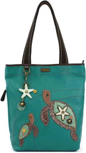 CHALA Deluxe Vegan Leather Every Day Tote Bag Purse : 13.5 x 14 inches (Turquoise_ Turtle Family)