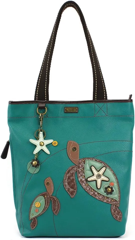 CHALA Deluxe Vegan Leather Every Day Tote Bag Purse : 13.5 x 14 inches (Turquoise_ Turtle Family)