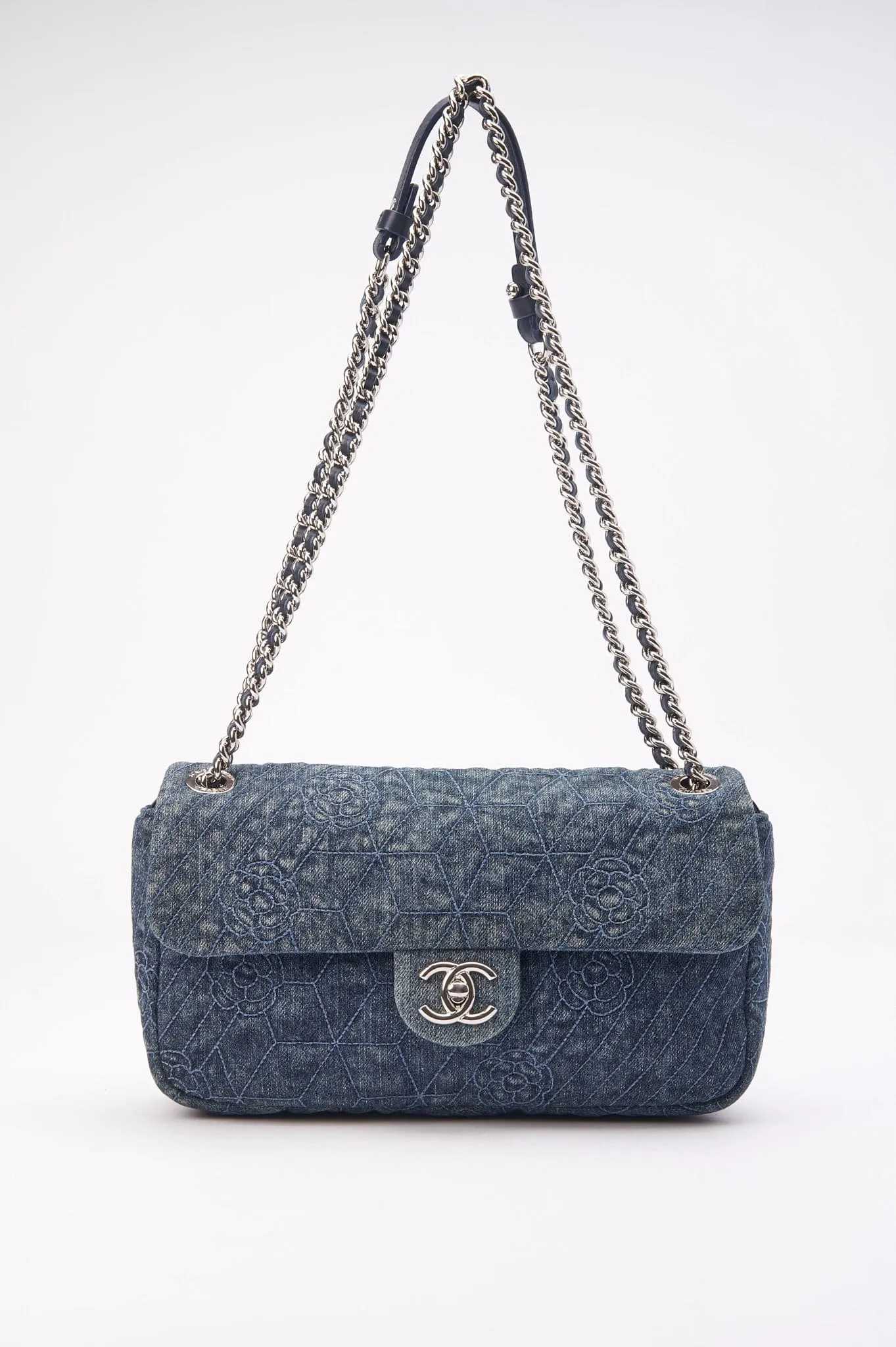 Chanel Blue Denim Camellia Embroidered CC Flap Bag