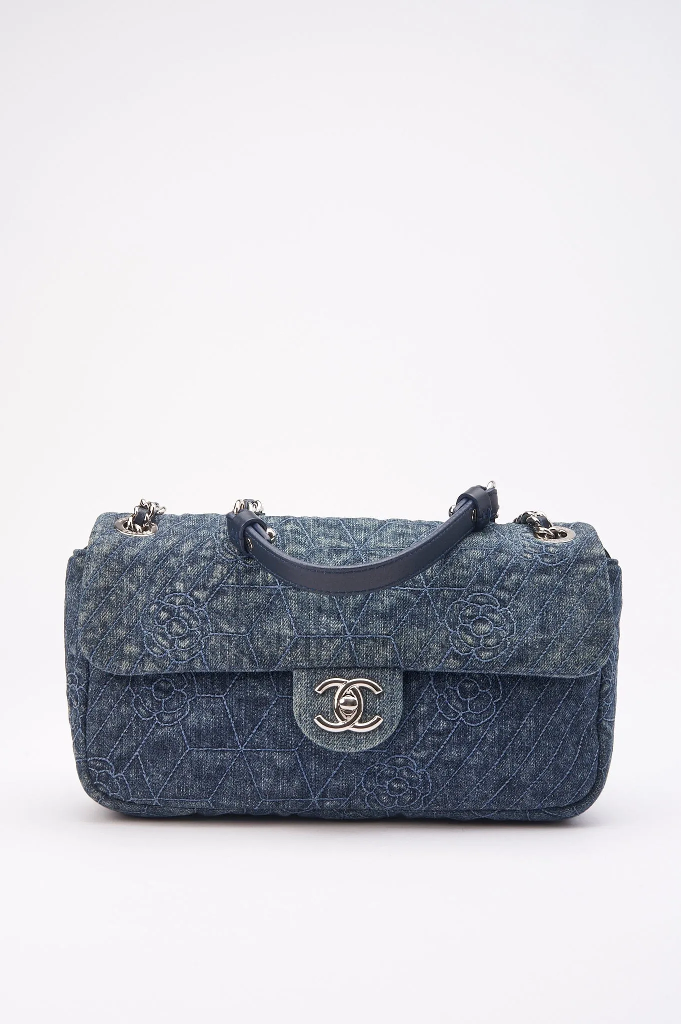 Chanel Blue Denim Camellia Embroidered CC Flap Bag
