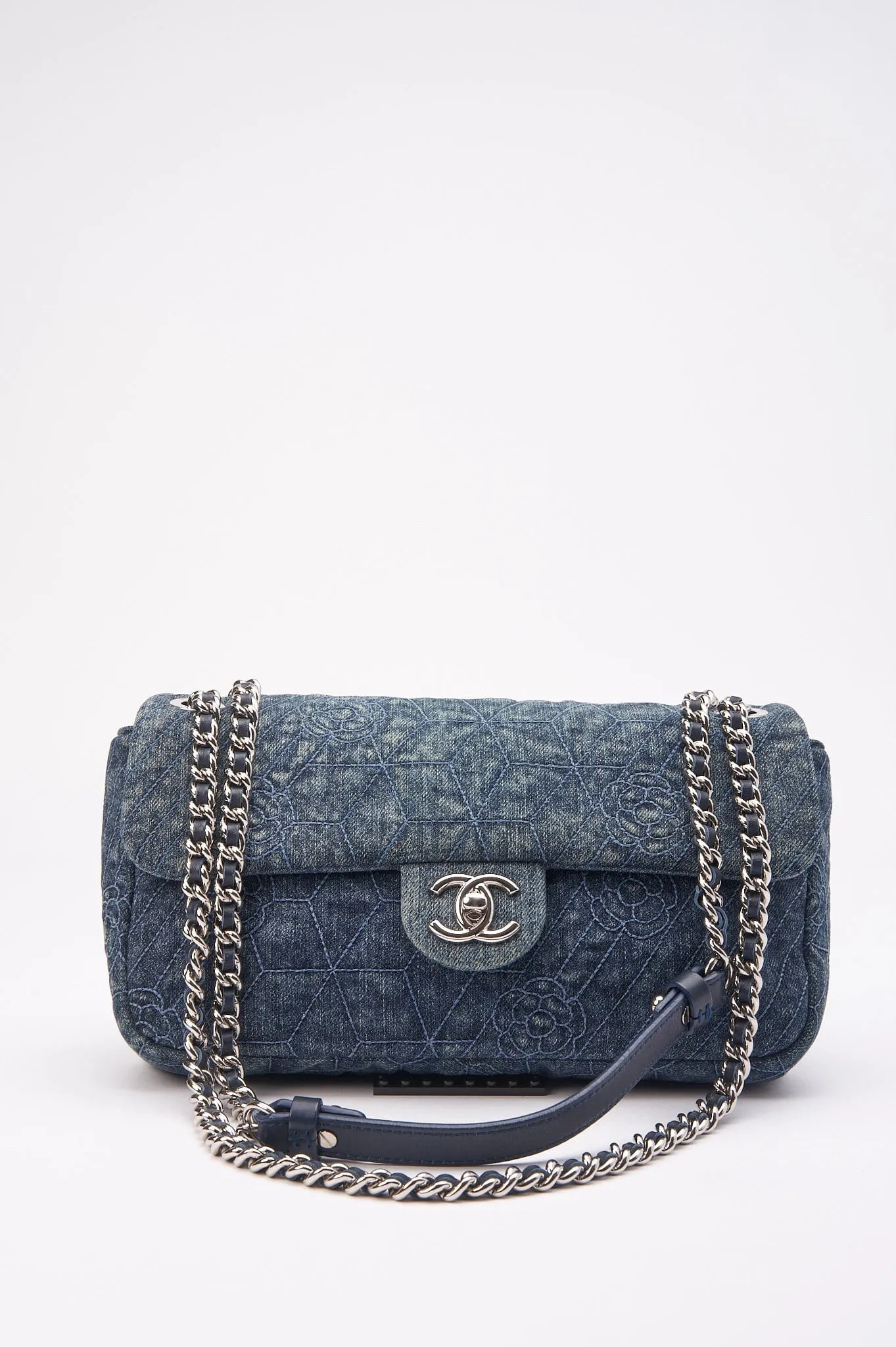 Chanel Blue Denim Camellia Embroidered CC Flap Bag