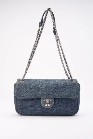 Chanel Blue Denim Camellia Embroidered CC Flap Bag
