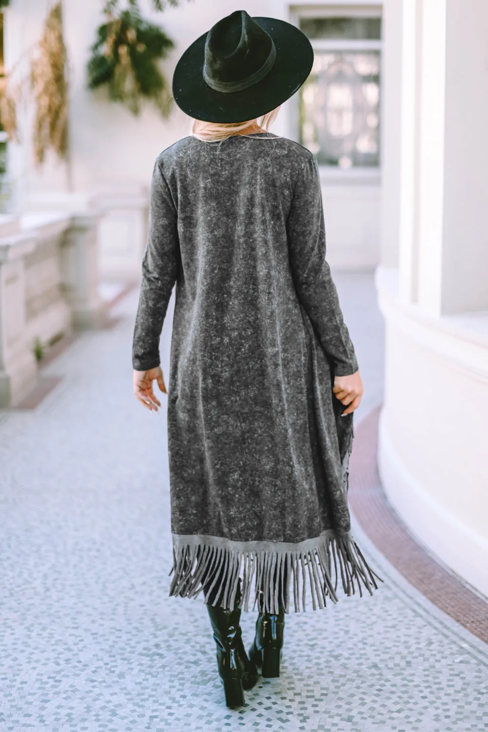 Charcoal Fringe Hem Long Cardigan